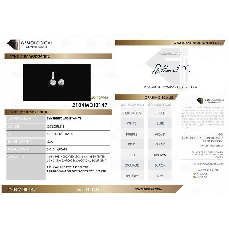 Kolczyki z moissanitem w kolorze złota, z punktami świetlnymi, 6,5 mm, z certyfikatem 