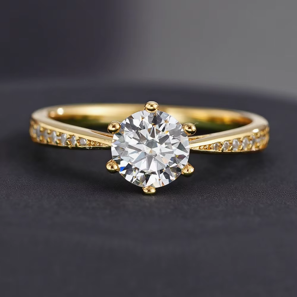 1ct Moissanite Diamond Ring, 18k Gold Plated Silver, Certified