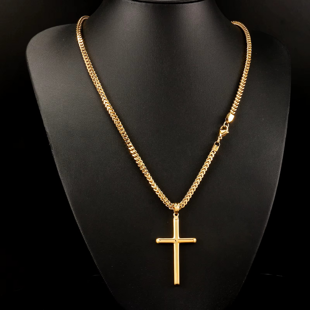Luxuryjoyas Cross Necklace, Thick Chain, 18k Gold Plated, 63 cm