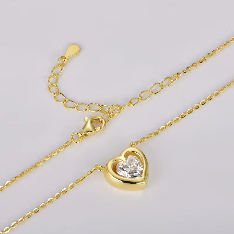 Heart Necklace with 1ct Moissanite Diamond, Gold Plated on Silver Plated Silver